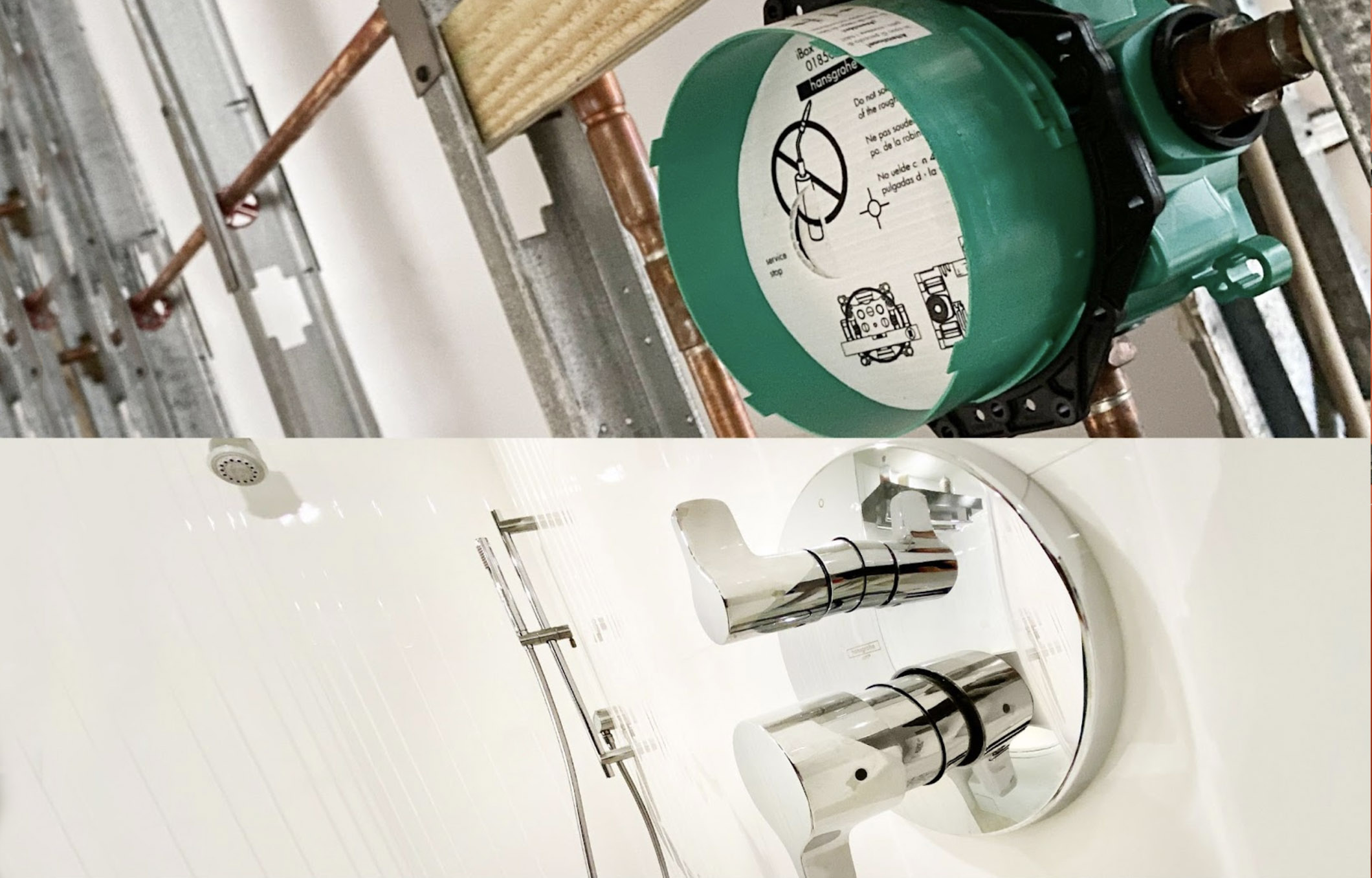 Image showing an under construction bathroom shower thermostatic rough set, as well as the completed shower handle up close.